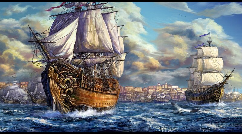 Sailing Ships in Harbor — Blue, Dramatic, Afternoon, Digital Art