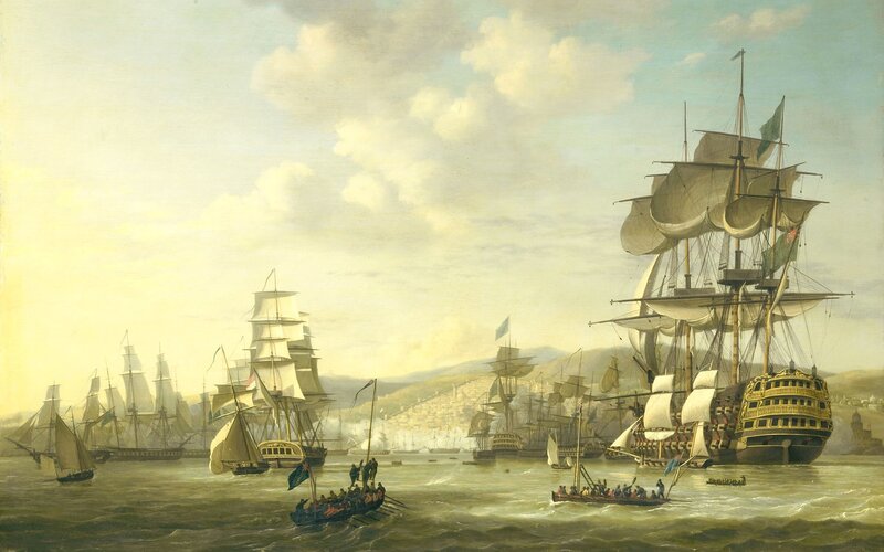 Sailing Ships in Harbor — Blue, Dramatic, Afternoon, Painting, Boats, Hills