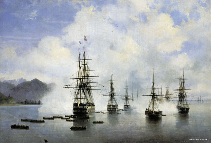 Sailing Ships in Harbor — Blue, Dramatic, Afternoon, Painting, Mountains