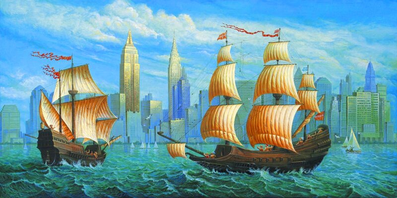 Sailing Ships in Harbor — Blue, Dramatic, Afternoon, Painting, Skyscraper