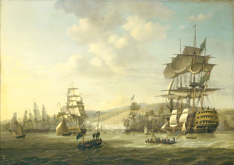 Sailing Ships in Harbor — Blue, Dramatic, Afternoon, Painting