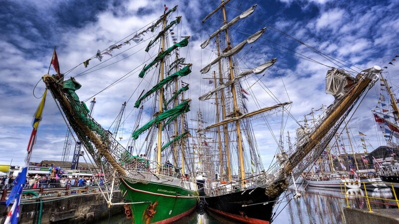 Sailing Ships in Harbor — Blue, Dramatic, Afternoon, Photograph