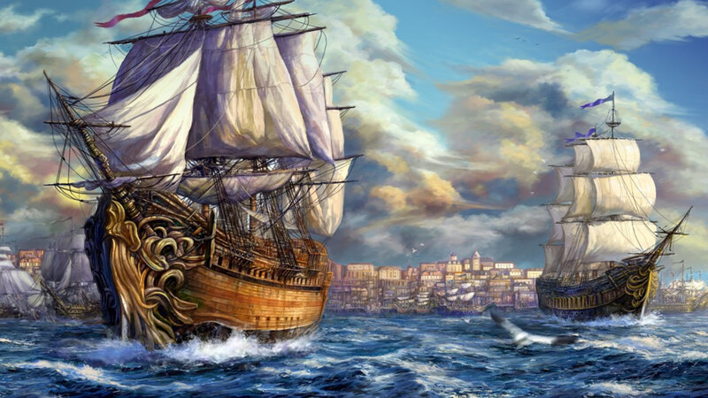 Sailing Ships in Harbor — Blue, Dramatic, Afternoon