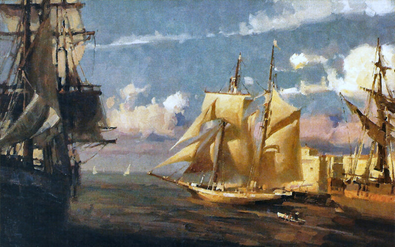 Sailing Ships in Harbor — Blue, Dramatic, Sunset