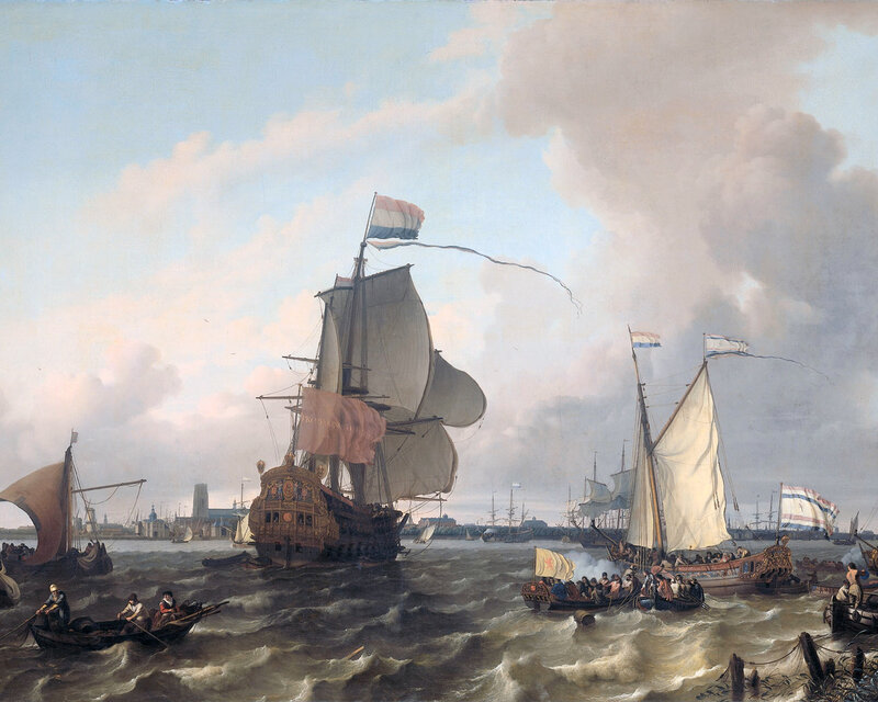 Sailing Ships in Harbor — Blue, Dramatic