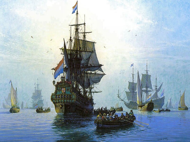 Sailing Ships in Harbor — Blue, Serene, Morning
