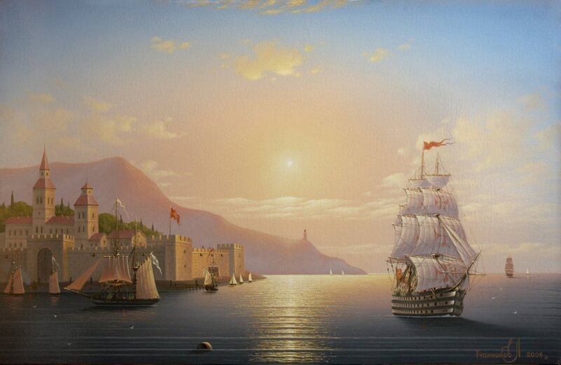 Sailing Ships in Harbor — Blue, Serene, Sunset