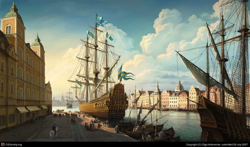 Sailing Ships in Harbor — Blue, Serene