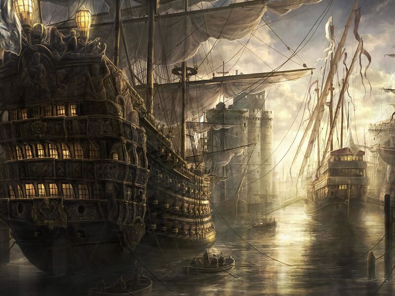 Sailing Ships in Harbor — Brown, Dramatic, Sunset, Digital Art, Castle, Boats, Towers