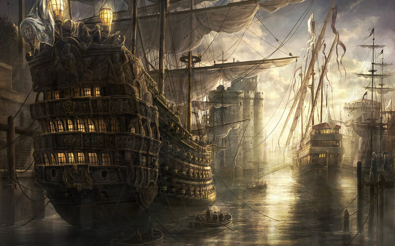 Sailing Ships in Harbor — Brown, Dramatic, Sunset, Digital Art, Castle