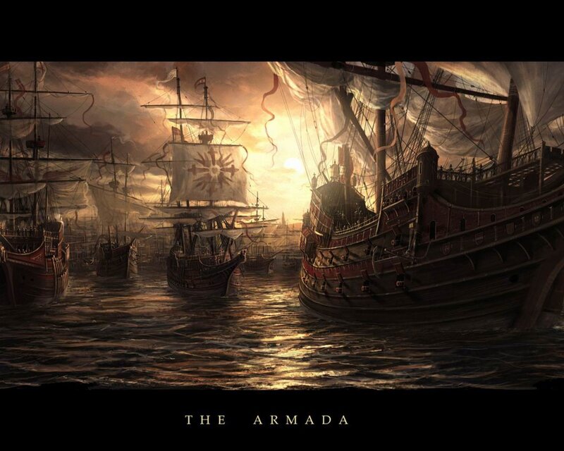 Sailing Ships in Harbor — Brown, Dramatic, Sunset, Digital Art, Sea, Sky, Sun, Gold, Black
