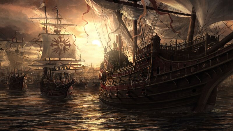Sailing Ships in Harbor — Brown, Dramatic, Sunset, Digital Art, Sea, Sky, Sun