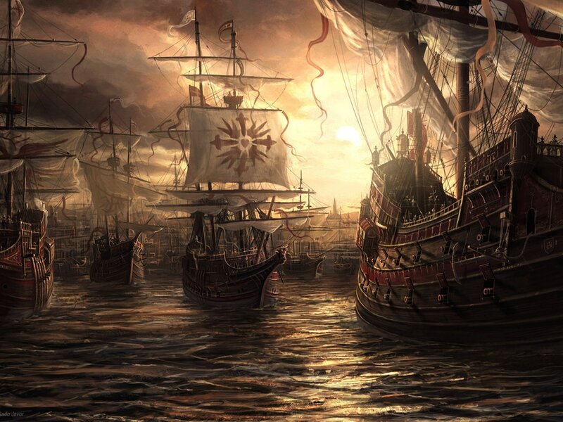 Sailing Ships in Harbor — Brown, Dramatic, Sunset, Digital Art, Sea