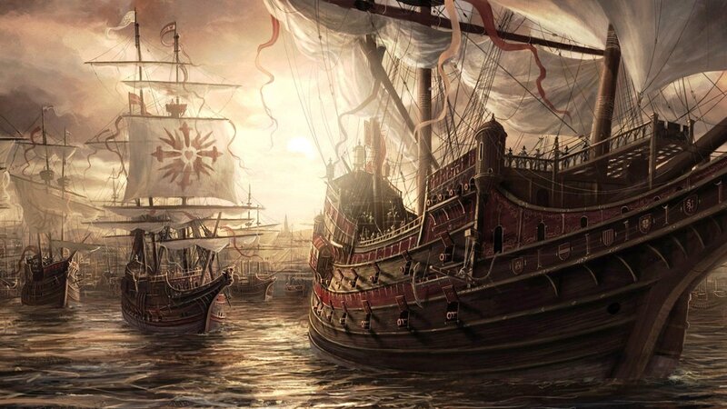 Sailing Ships in Harbor — Brown, Dramatic, Sunset, Digital Art