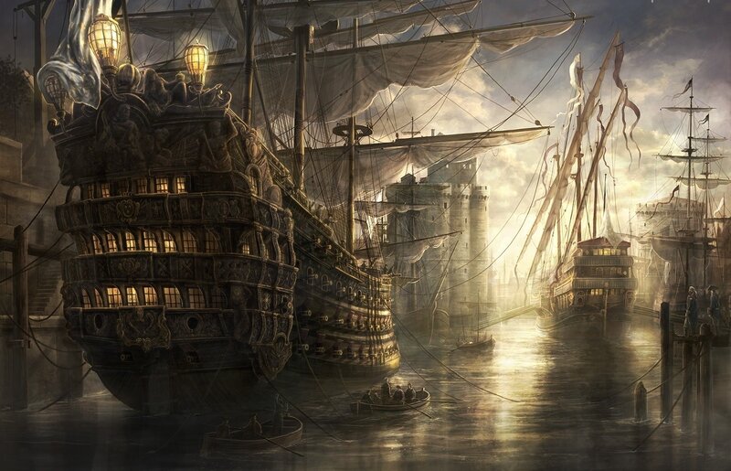 Sailing Ships in Harbor — Brown