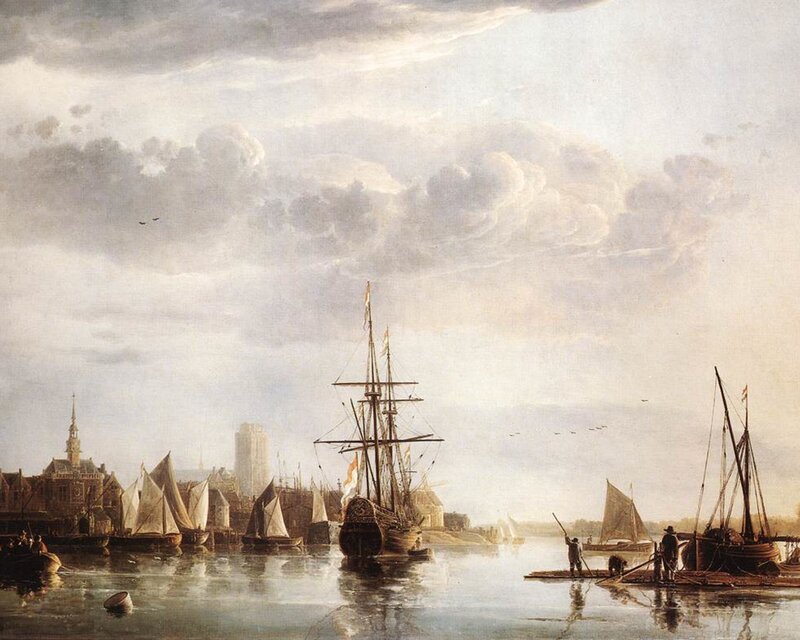 Sailing Ships in Harbor — Gray
