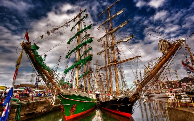 Sailing Ships in Harbor — Green, Dramatic, Afternoon