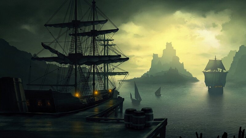 Sailing Ships in Harbor — Green, Dramatic, Sunset, Digital Art