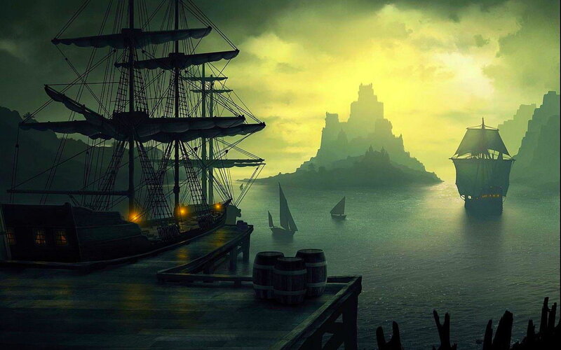 Sailing Ships in Harbor — Green, Dramatic, Sunset