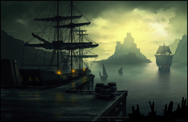Sailing Ships in Harbor — Green