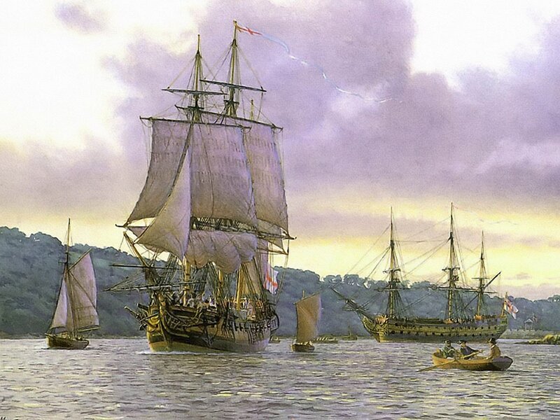 Sailing Ships in Harbor — Purple