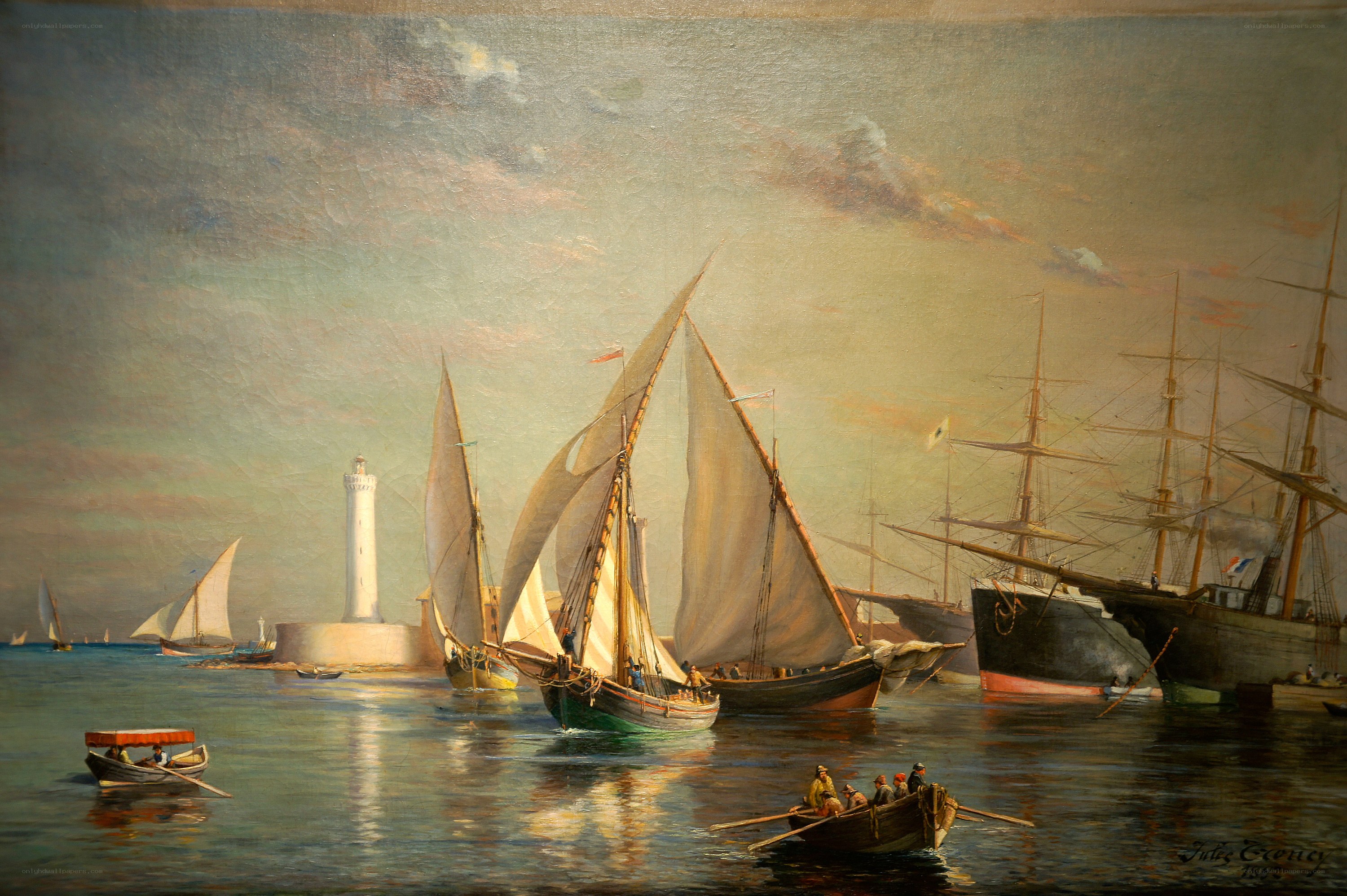 Sailing ships in harbor scene