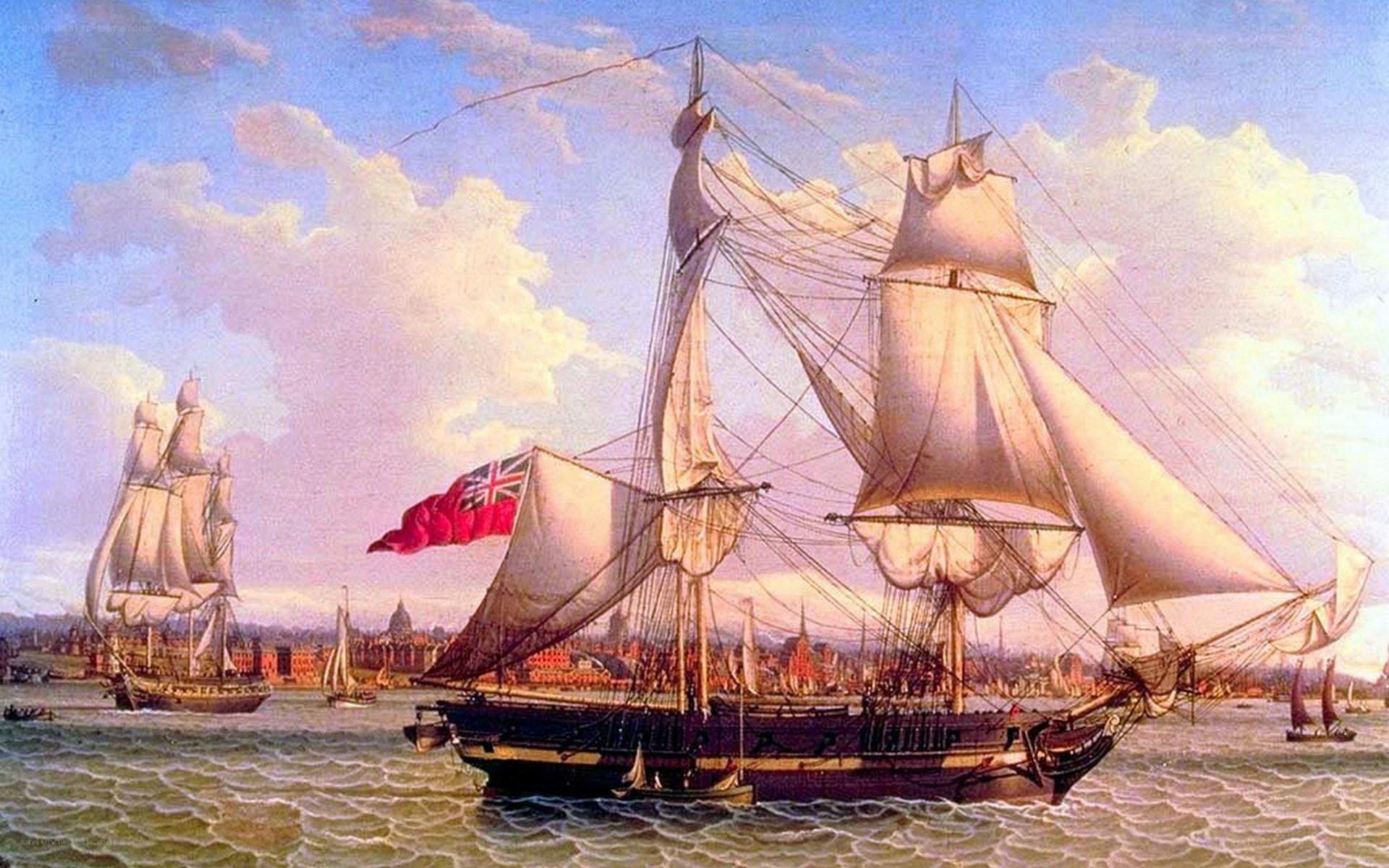 Sailing ships in harbor