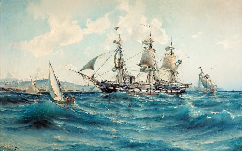 Sailing Ships in Rough Sea — Blue, Dramatic