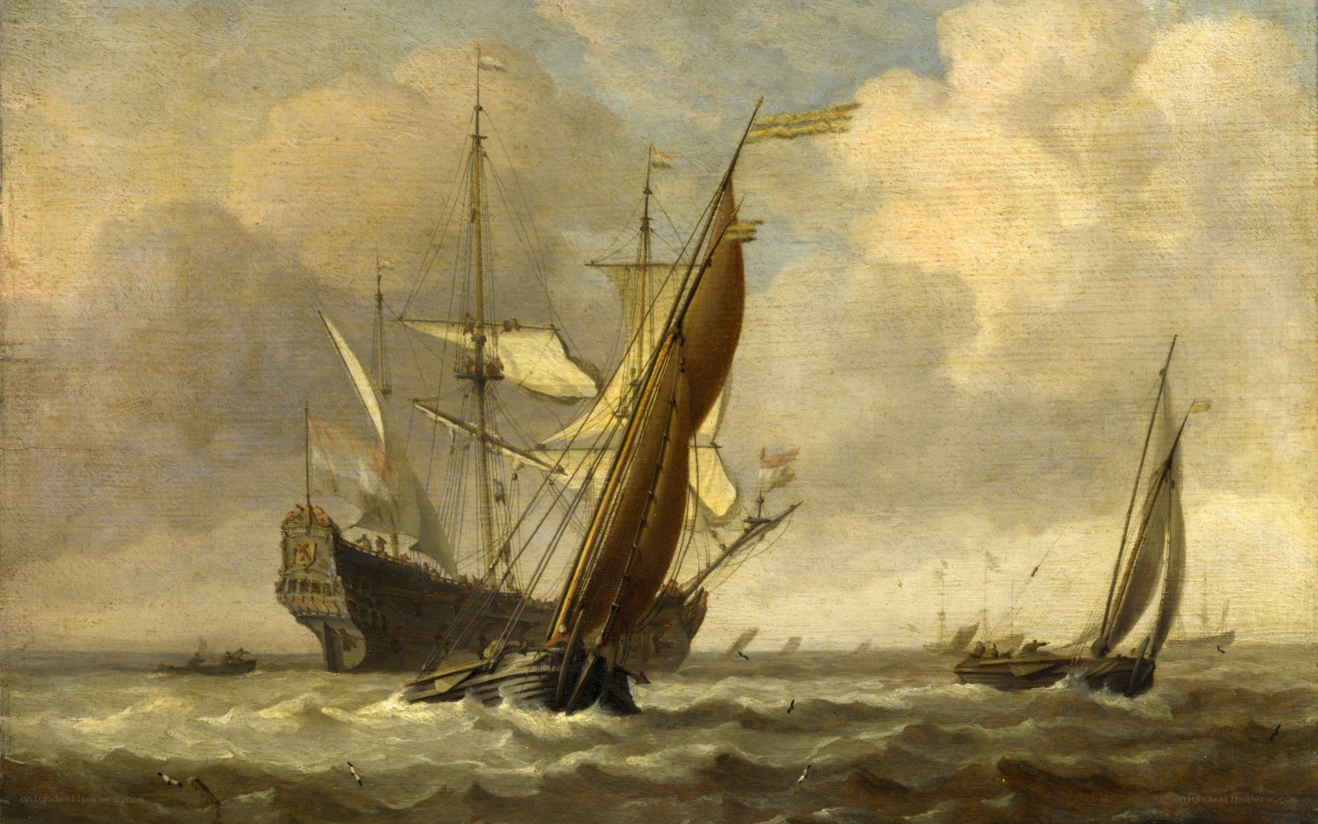 Sailing ships in rough seas