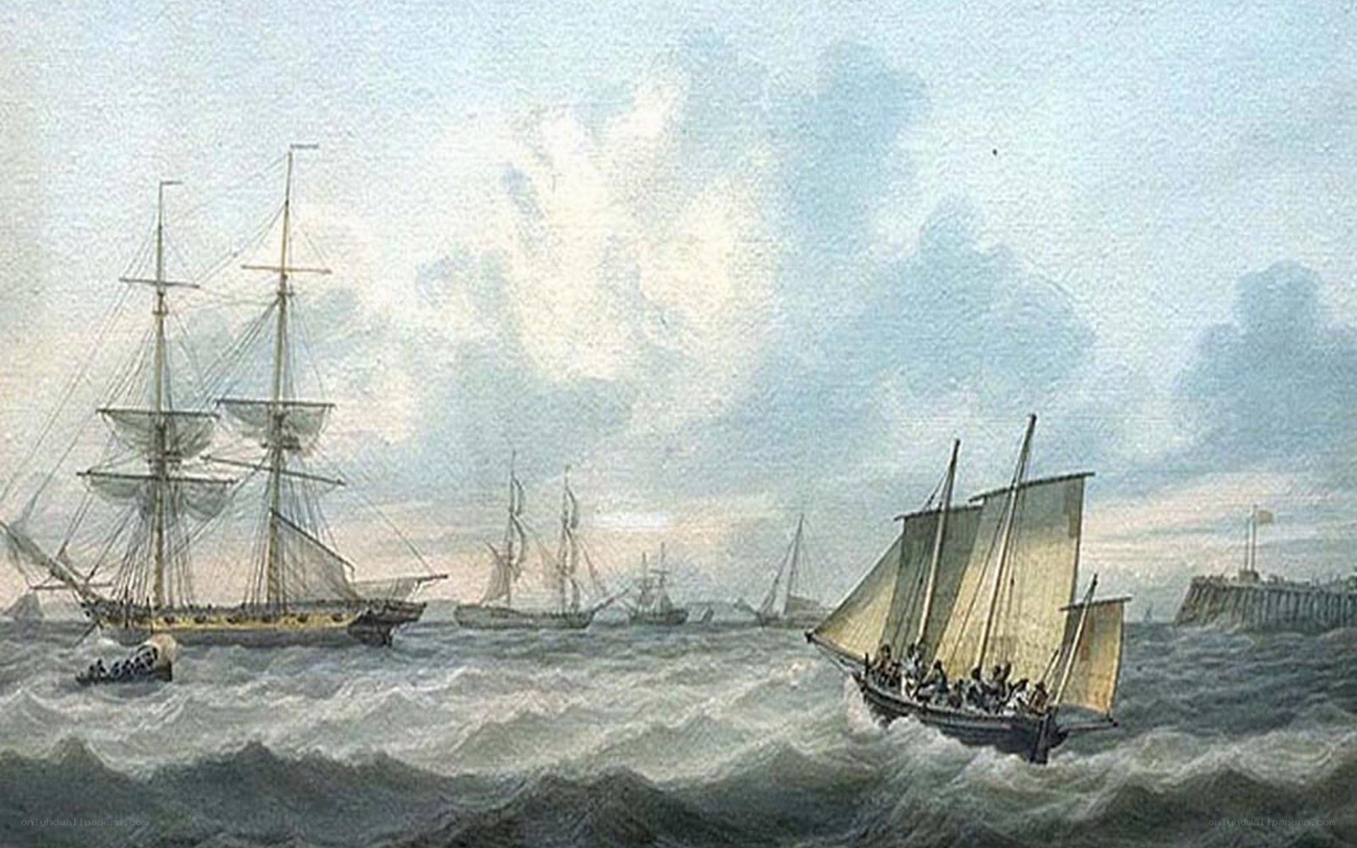 Sailing ships in rough seas