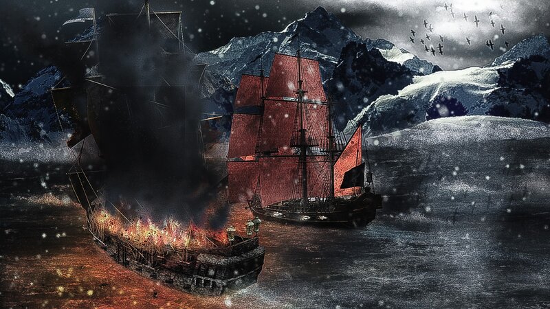 Sailing Ships in Storm — Black, Dramatic