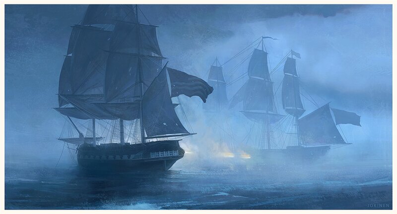 Sailing Ships in Storm — Blue, Dramatic, Night, Digital Art