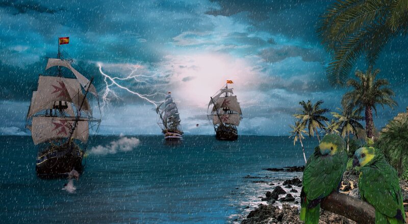 Sailing Ships in Storm — Blue, Dramatic, Night