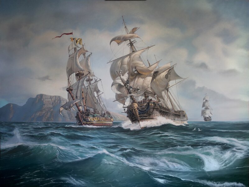 Sailing Ships in Storm — Blue, Dramatic, Painting, Ocean