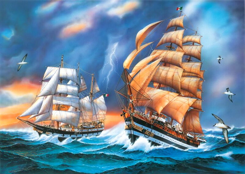 Sailing Ships in Storm — Blue, Dramatic