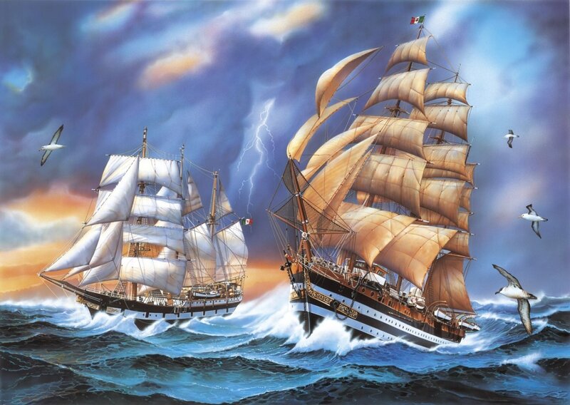 Sailing Ships in Storm — Blue