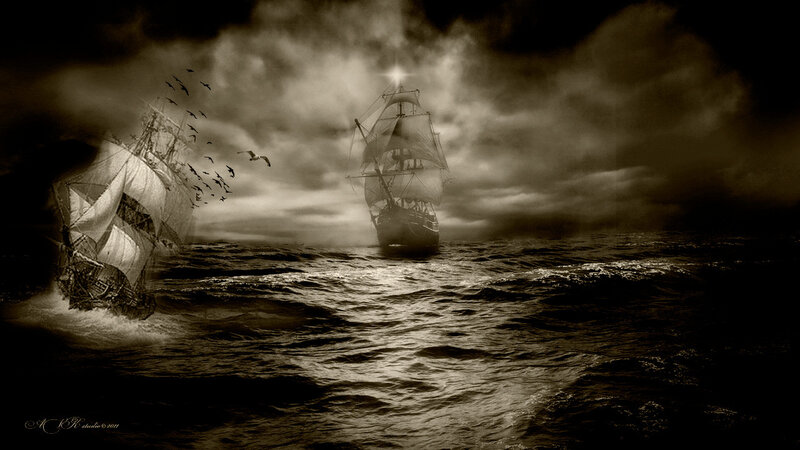 Sailing Ships in Storm — Brown, Dramatic