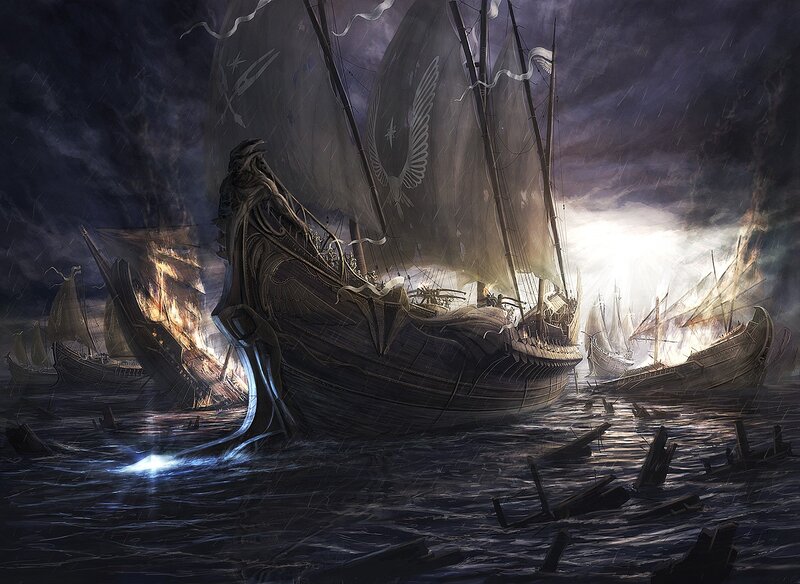 Sailing Ships in Storm — Dark Blue, Dramatic, Night, Digital Art, Fire