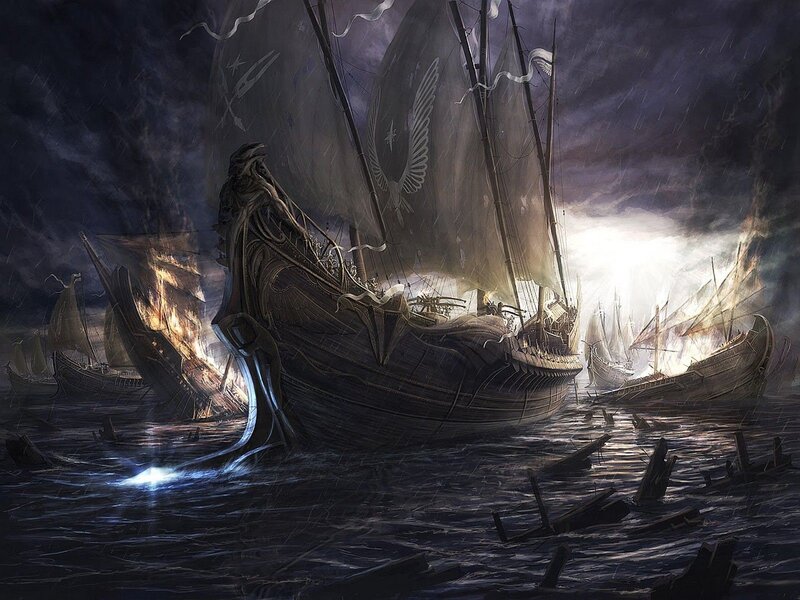 Sailing Ships in Storm — Dark Blue, Dramatic, Night, Digital Art