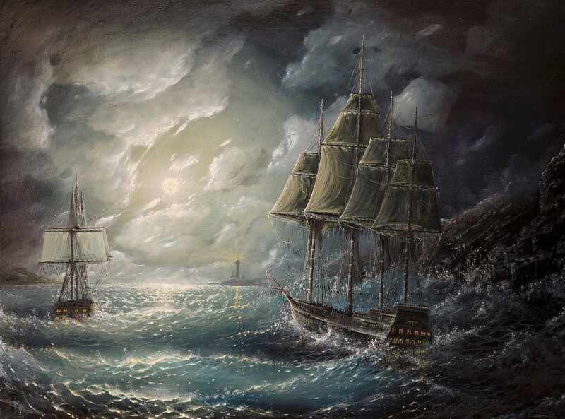 Sailing Ships in Storm — Dark Blue, Dramatic, Night, Painting