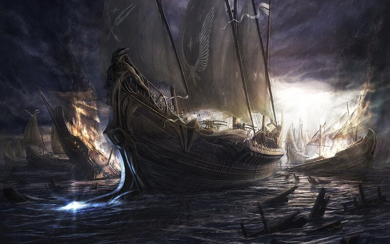 Sailing Ships in Storm — Dark Blue, Dramatic, Night