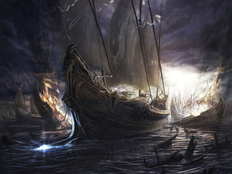 Sailing Ships in Storm — Dark Blue, Dramatic