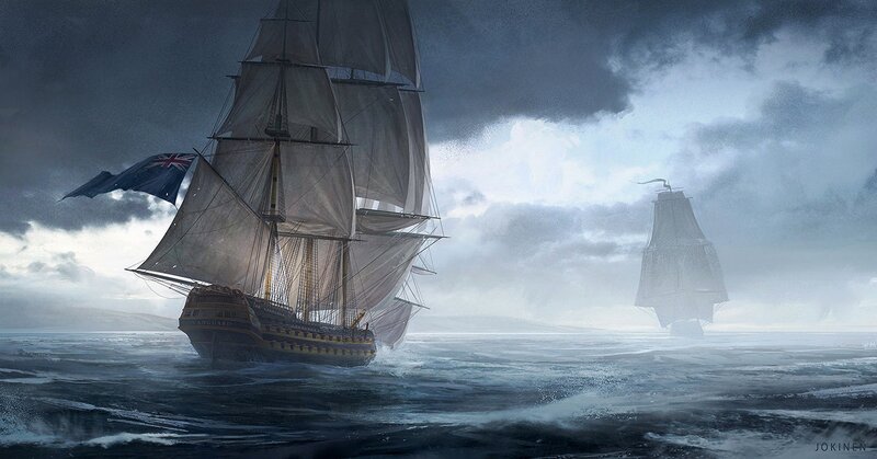 Sailing Ships in Storm — Gray, Dramatic, Digital Art