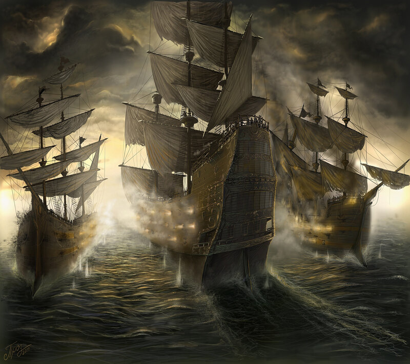 Sailing Ships in Storm — Gray