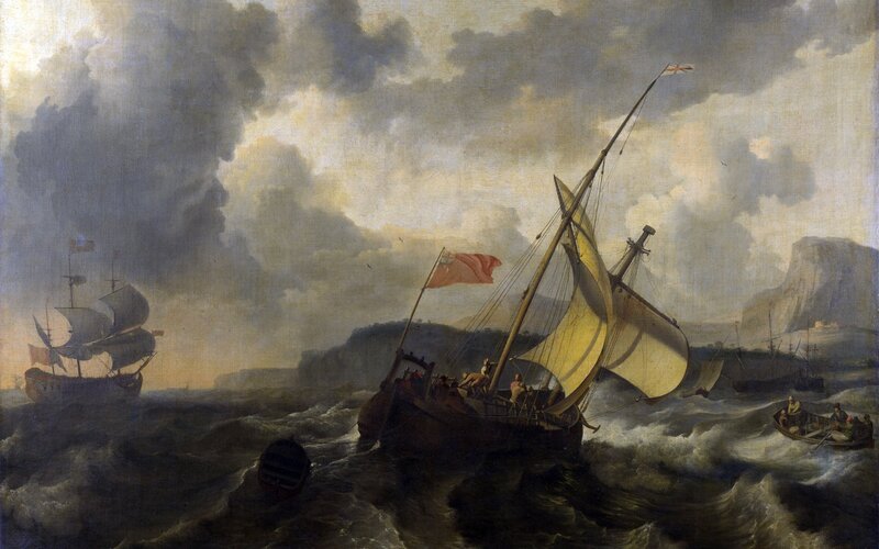 Sailing ships in stormy sea