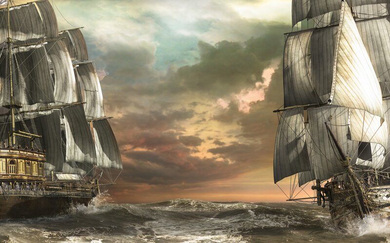 Sailing ships in stormy sea