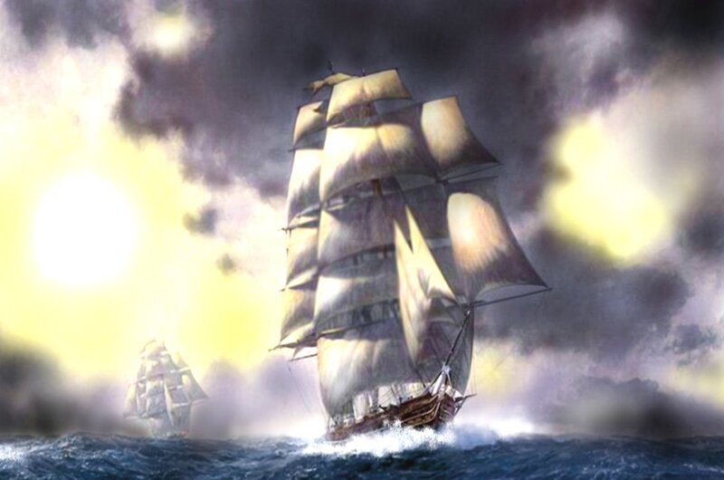 Sailing ships in stormy sea