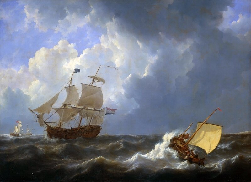 Sailing ships in stormy sea