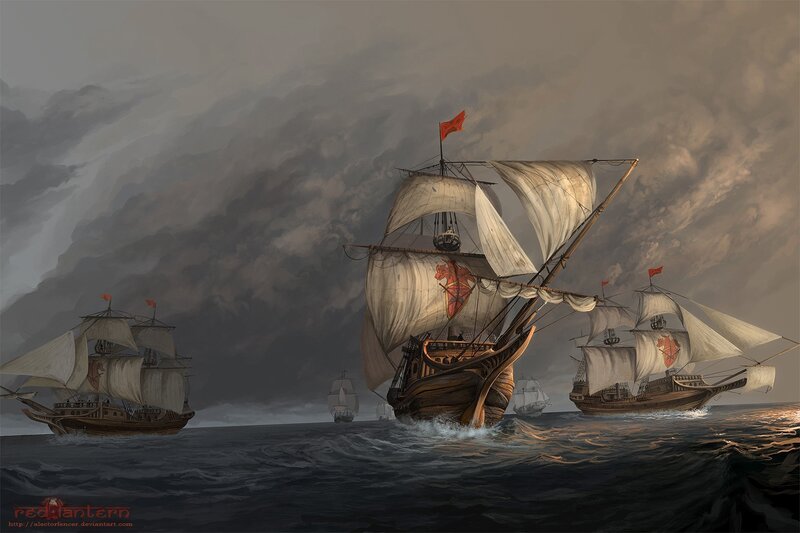 Sailing ships in stormy sea
