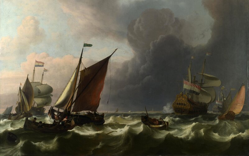 Sailing ships in stormy sea